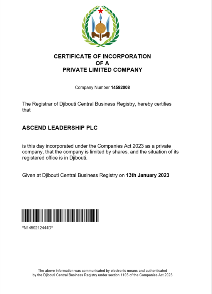 Download Djibouti  certificate of registration Word and PDF template Photoshop template